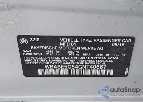 2016 BMW 320I xDrive из США, поврежденный, VIN WBA8E5G54GNT40667